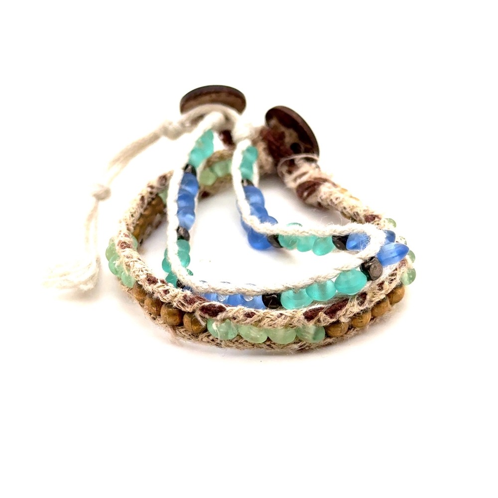 Boho Beaded Wrap Bracelets Set Blue Teal Glass Beads Natural Cord Beachy Style